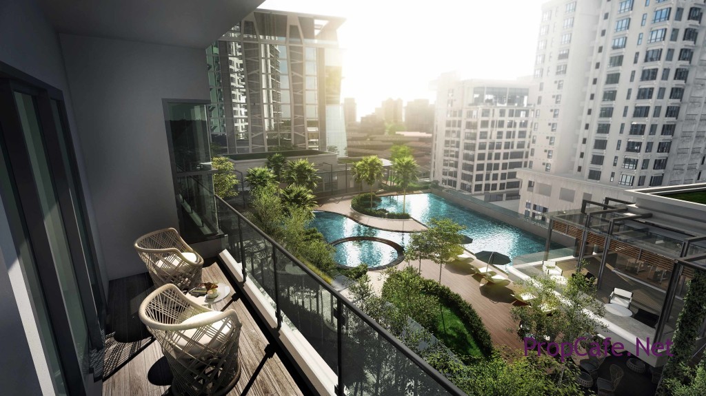 View from the balcony of a V Residences 2 unit, overlooking the stunning swimming pool facility 