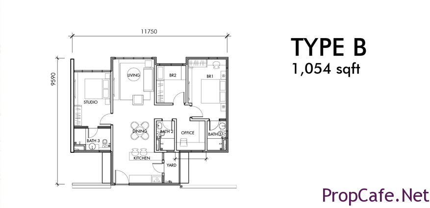 Type B:  1054sf 2Bedroom + 1 studio + 1 Office + 3Bath