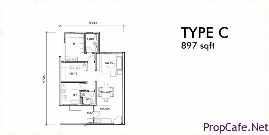 Type C:  897sf 2Bedroom + 1 Office + 2Bath