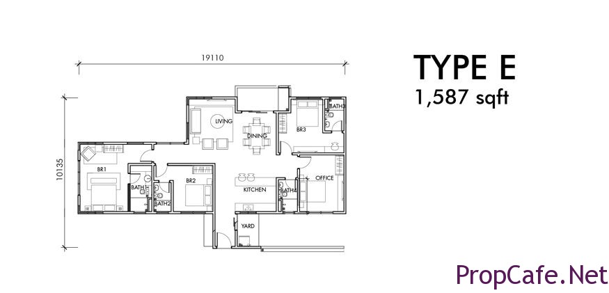 Type E: 1587sf 3Bedroom + 1 Office + 4Bath