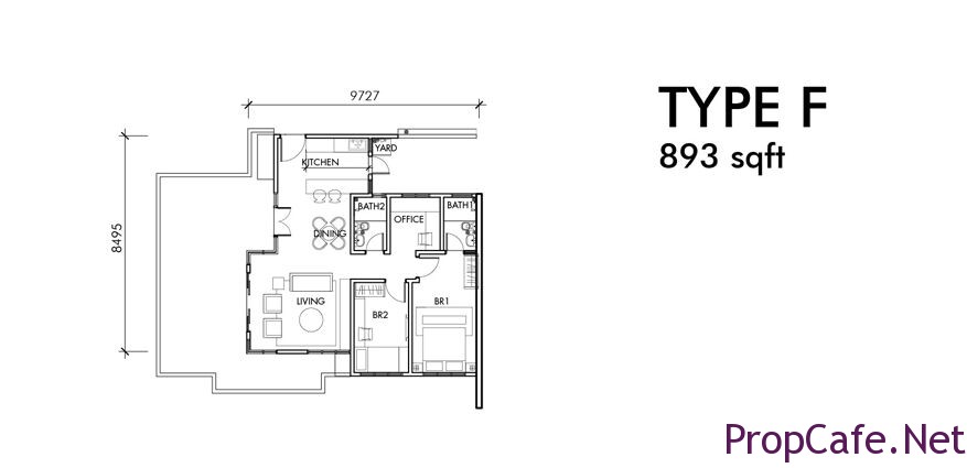 Type F: 893sf 2Bedroom + 1 Office + 2Bath