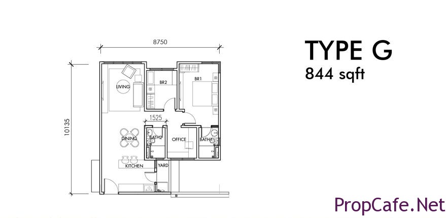 Type G: 844sf 2Bedroom + 1 Office + 2Bath