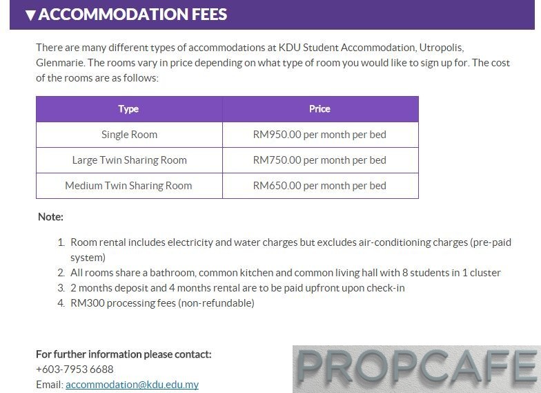 Paramount Utropolis Glenmarie Student Accomodation Rate as of 15th Oct 2015. Source from : http://www.kdu.edu.my/admission/accommodation/521-kdu-student-accommodation-utropolis-glenmarie